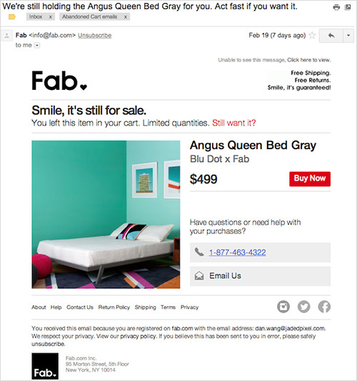 Fab’s email for abandoned carts.