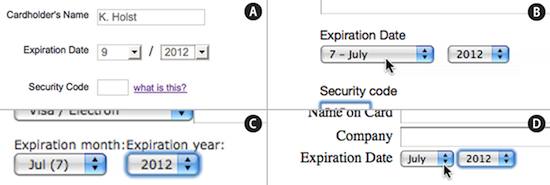 4 examples of credit card expiration date fields