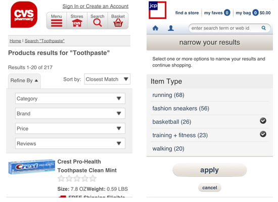 CVS and jcpenney search filtering