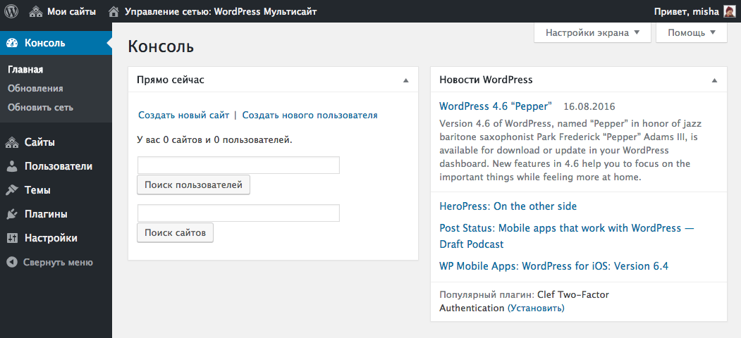 Консоль сети WordPress Multisite