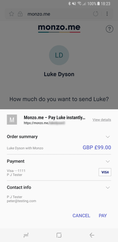 Example of the Payment Request UI from monzo.me in Samsung Internet