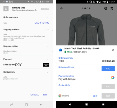 Examples of Payment Request supporting Samsung Pay and Pay with Google