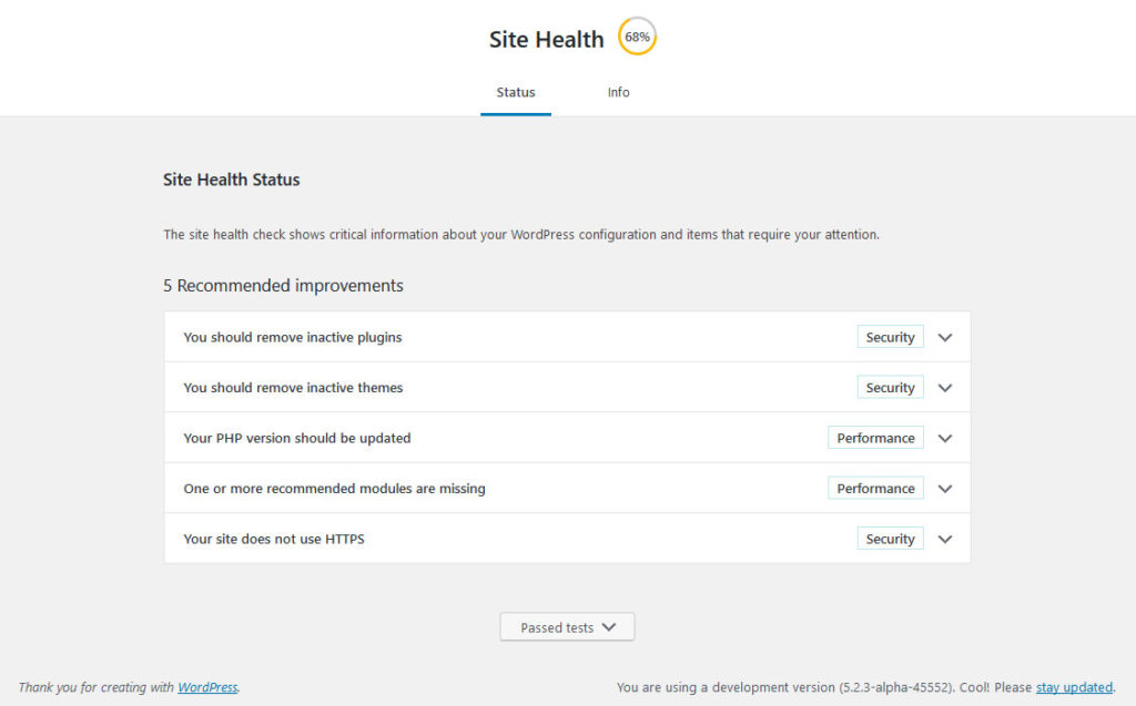 site health section in new wordpress release