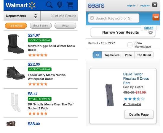 Walmart and Sears search sorting