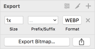 The resource export panel in Sketch, with the WebP format chosen in the format dropdown.