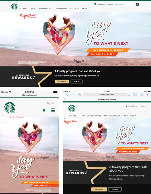 The Starbuck's website in different states.