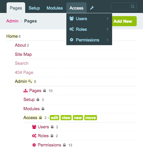 Screenshot that shows that even the back-end navigation is made out of pages.