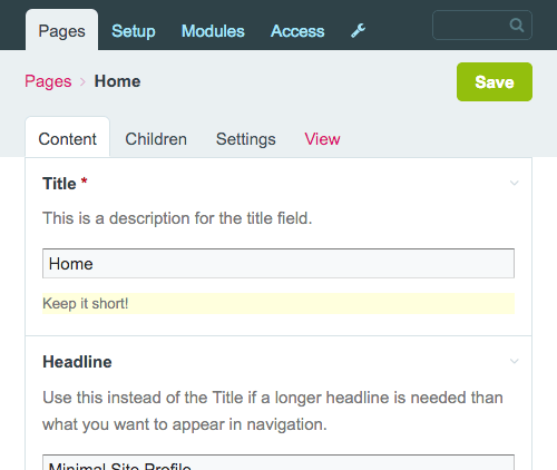 Screenshot of the title field with custom description and note.