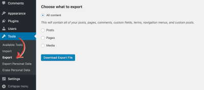The WordPress back-end interface with arrows indicating each step to reach the export feature.