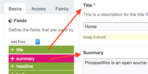 Left screenshot half: drag and drop fields in template settings. Right screenshot half: changed field order on “Home” page.