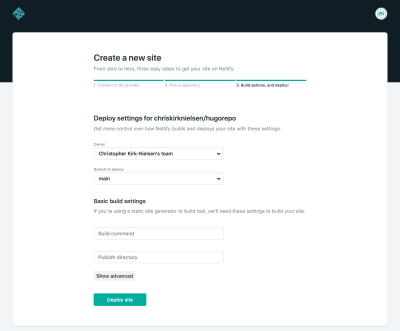 The form displayed on Netlify when a user creates a new website, with build options left to their default, empty values.