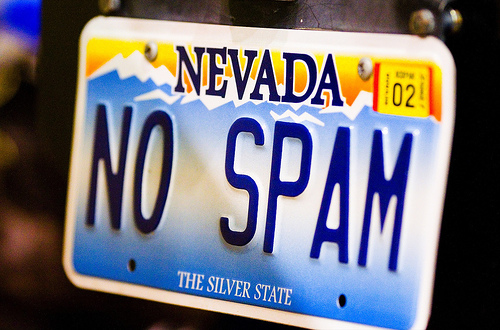 A car licence plate reading No Spam