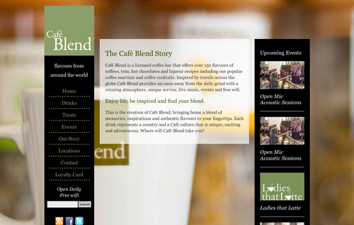 The Cafe Blend desktop site has a vertical navigation menu to the left of the main content, all contained within a balck box.