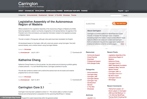 The desktop version of Carrington includes two sidebars to the right and some use of colour and graphics.