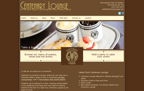 The centenary lounge desktop site includes a large logo and full width slideshow, using shades of brown for text and the background.