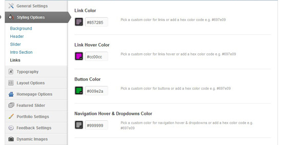 An example theme’s customization options. Most themes have similar color customization options.