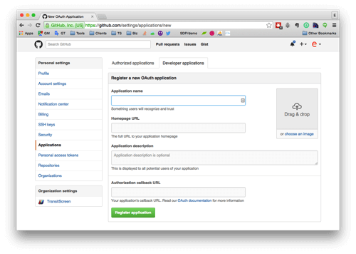 GitHub new application registration page