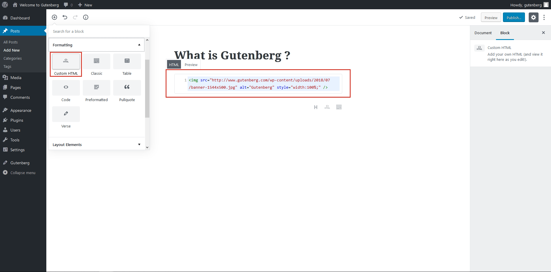 Custom HTML in Gutenberg