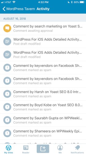 Detailed activity log in the WordPress for iOS mobile application