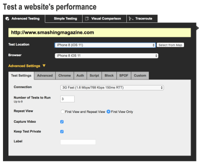 WebPageTest advanced settings form