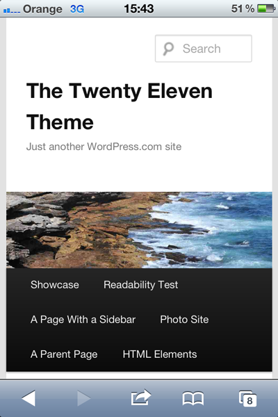 The mobile version of twenty eleven displays a narrower header image and moves the sidebar below the main content.