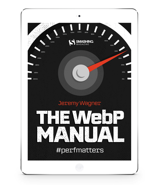A mockup of The WebP Manual’s cover on a white iPad