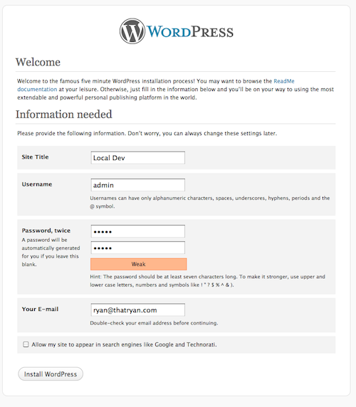 WordPress Install Screen