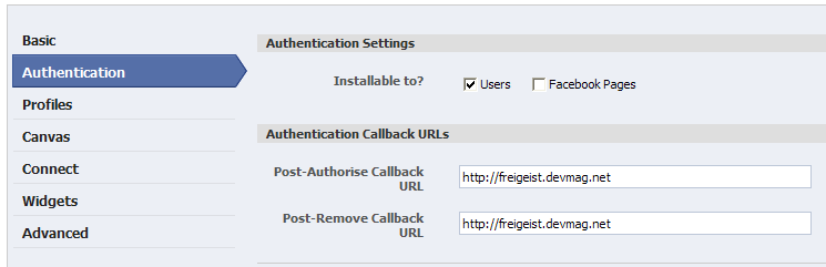 Defining callback URLs for the new application