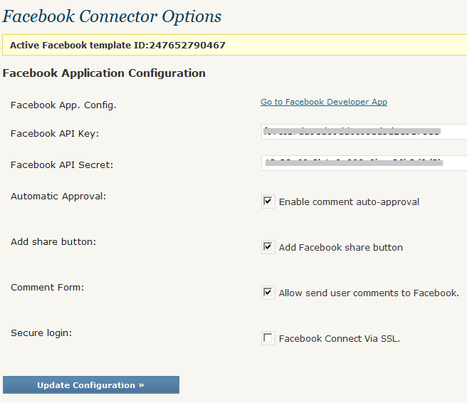 Settings for Facebook Connect WordPress plug-in