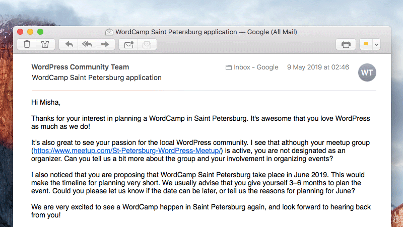Ответ от WordPress Community Team по поводу моей заявки на WordCamp