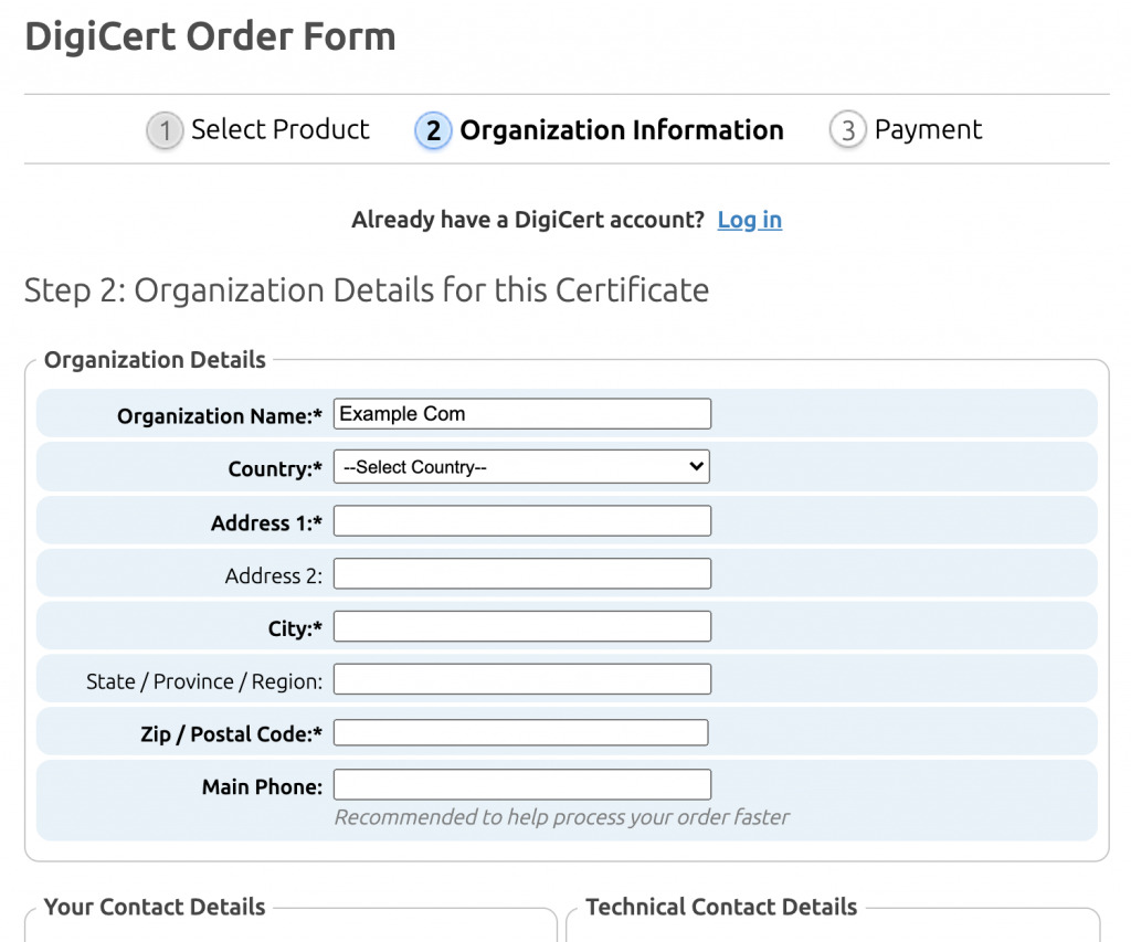 pressjitsu WordPress SSL: Organization details of the company you're buying the SSL certificate for.