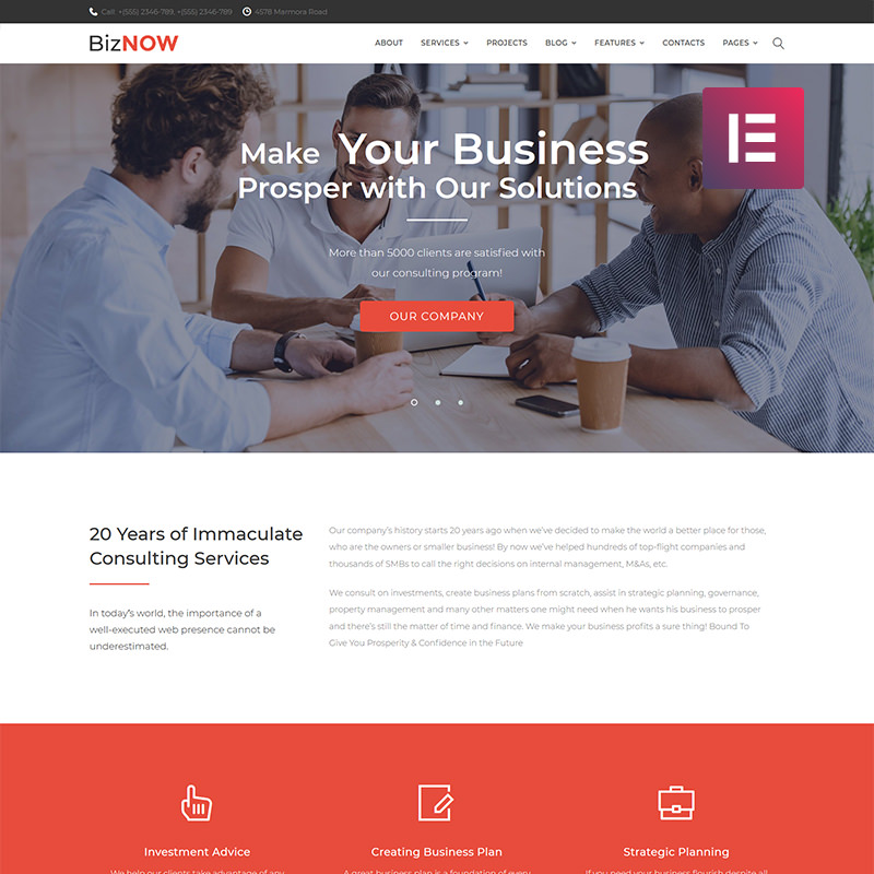Biznow - Elementor WordPress шаблон сайта бизнес-услуг