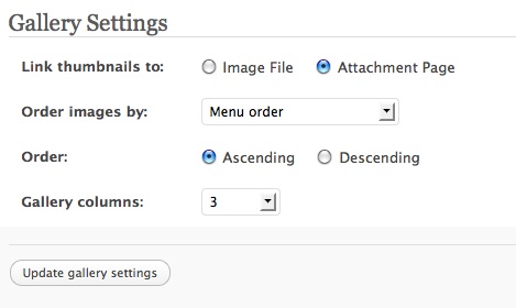 The settings pane for creating a gallery in WordPress