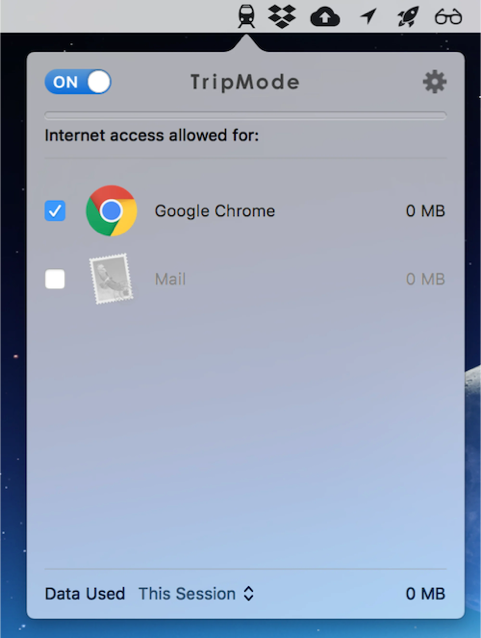 Screenshot of Tripmode settings; Chrome is enabled, Mail is disabled